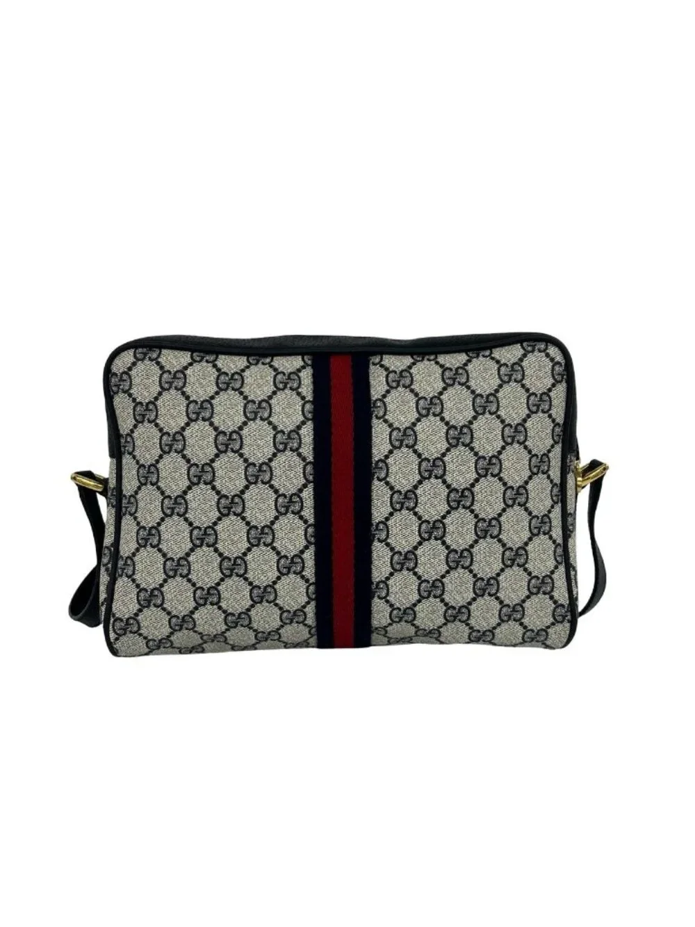 Gucci Vintage Sherry Line GG Logo Leather Shoulder Bag Navy